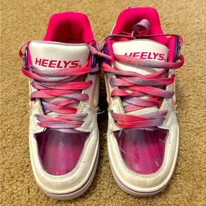 Girls’ Heely’s Size 3. White/pink/purple with wheels attached